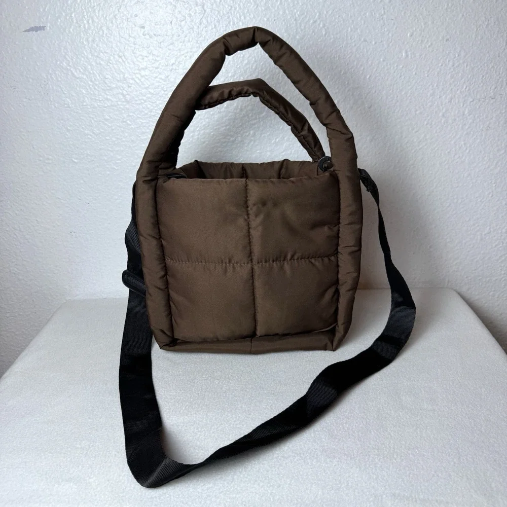 5B Style Brown Quilted Puffer Square Purse Adjustable Black Strap Crossbody Bag